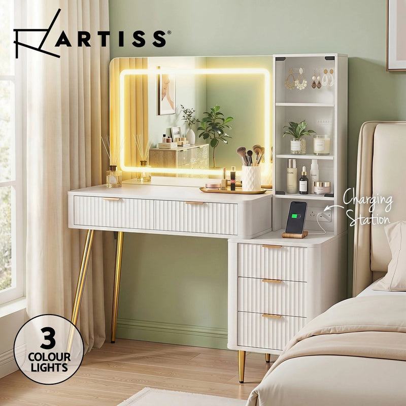Artiss Dressing Table LED Mirror Vanity Desk Power Outlet Fluted Drawer White