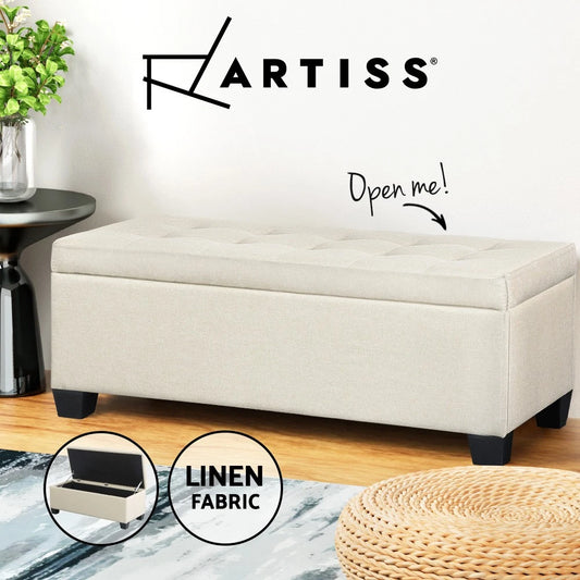 Artiss Storage Ottoman Blanket Box Bench 97cm Linen Chest Foot Stool Beige
