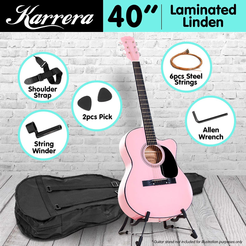 40in Karrera Acoustic Cutaway Guitar Bonus Bag Strings Picks Winder Strap - Pink