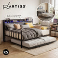 Artiss Bed Frame KING SINGLE LED Metal Trundle Daybed with Charging Station TURN