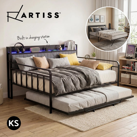 Artiss Bed Frame KING SINGLE LED Metal Trundle Daybed with Charging Station TURN