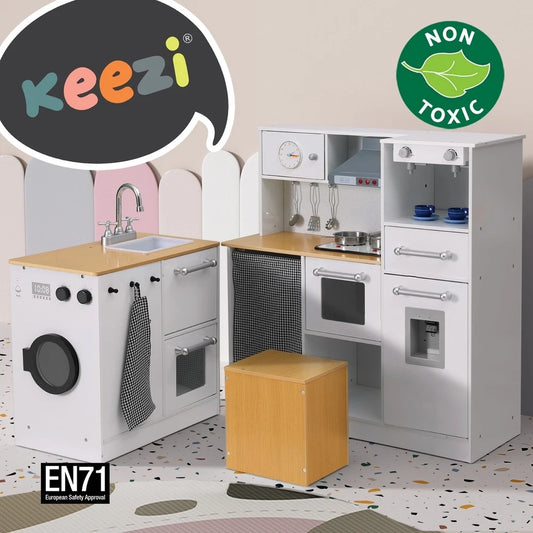 Keezi Kids Kitchen Playset Wooden Pretend Play Coffee Maker Toy 80CM White