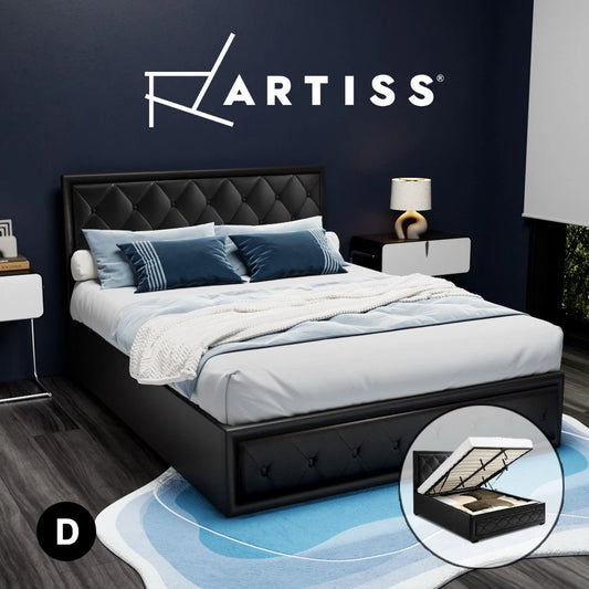Artiss Bed Frame Double Size Gas Lift Storage Mattress Base Wooden Black TIYO