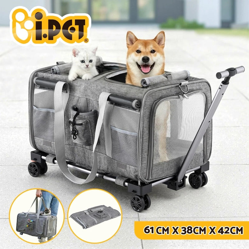 i.Pet Pet Stroller Foldable Swivel Wheels Cat Dog Carrier Grey