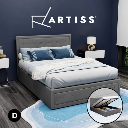 Artiss Bed Frame Double Size Gas Lift Storage Mattress Base Wooden Grey TIYO