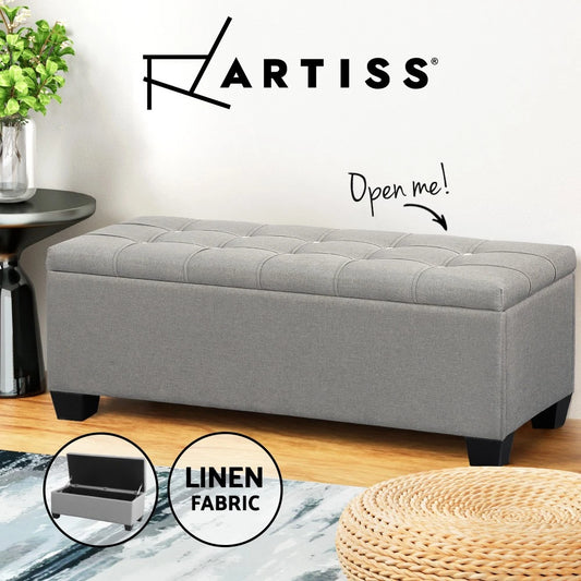 Artiss Storage Ottoman Blanket Box Bench 97cm Button Linen Chest Couch Grey