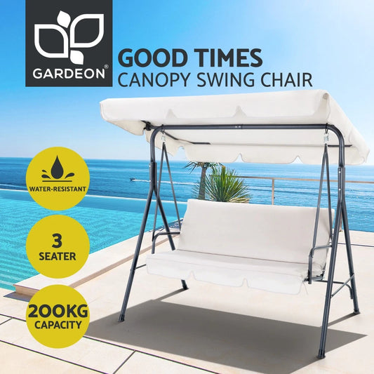 Gardeon Outdoor Swing Chair Garden Bench Furniture Canopy 3 Seater Beige