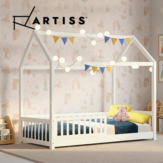 Artiss Bed Frame SINGLE Size Wooden Base Kids House Mattress Platform White ROCK