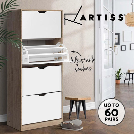 Artiss Shoe Rack Storage Cabinet 60 Pairs Organiser Wooden Shelf Cupboard White