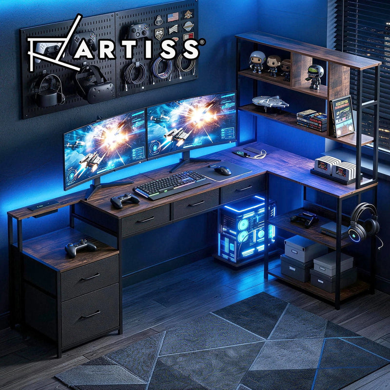 Artiss 200cm L Shaped Gaming Desk Computer Desk with LED Lights & Power Outlets
