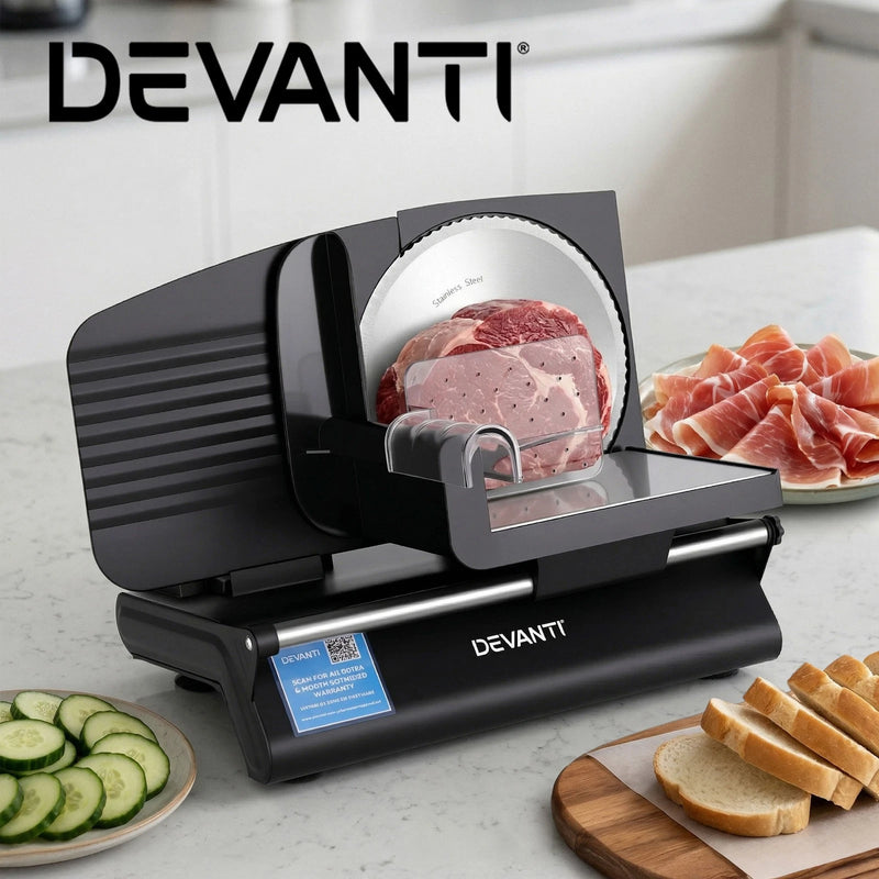 Devanti Meat Slicer Bread Vegetable, 200W Power 0-15mm Adjustable, Black