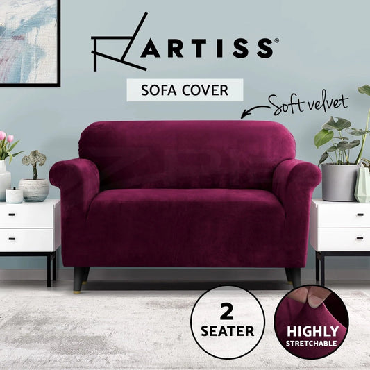 Artiss Sofa Cover Couch Slipcover 2 Seater Velvet Lounge Protector Ruby Red