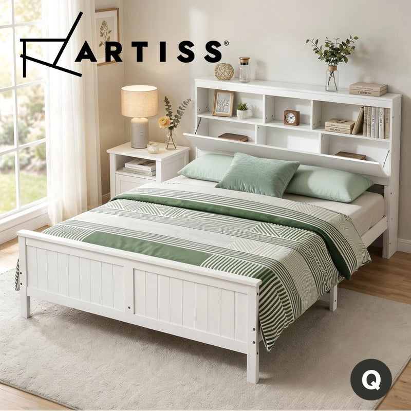 Artiss QUEEN Bed Frame with Storage Headboard Wooden Bed Base White