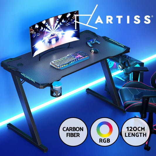 Artiss Gaming Desk Computer Desks Table Study Home Ofiice RGB LED Light 120CM
