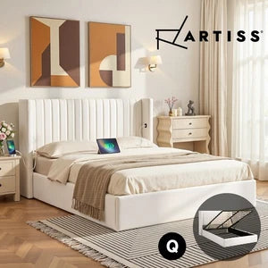 Artiss QUEEN Bed Frame with Gaslift Storage and USB-C Charging Ports Velvet