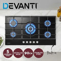 Devanti 90cm Gas Cooktop 5 Burner LPG NG Tempered Glass Hob Black