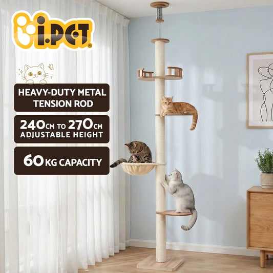 i.Pet Cat Tree Tower Floor to Ceiling Scratching Post 270cm Beige