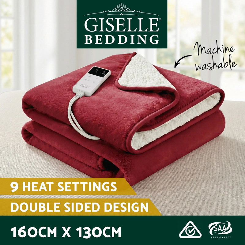 Giselle Electric Throw Rug Dual Side Fleece Flannel Heated Warm Blanket Burgundy