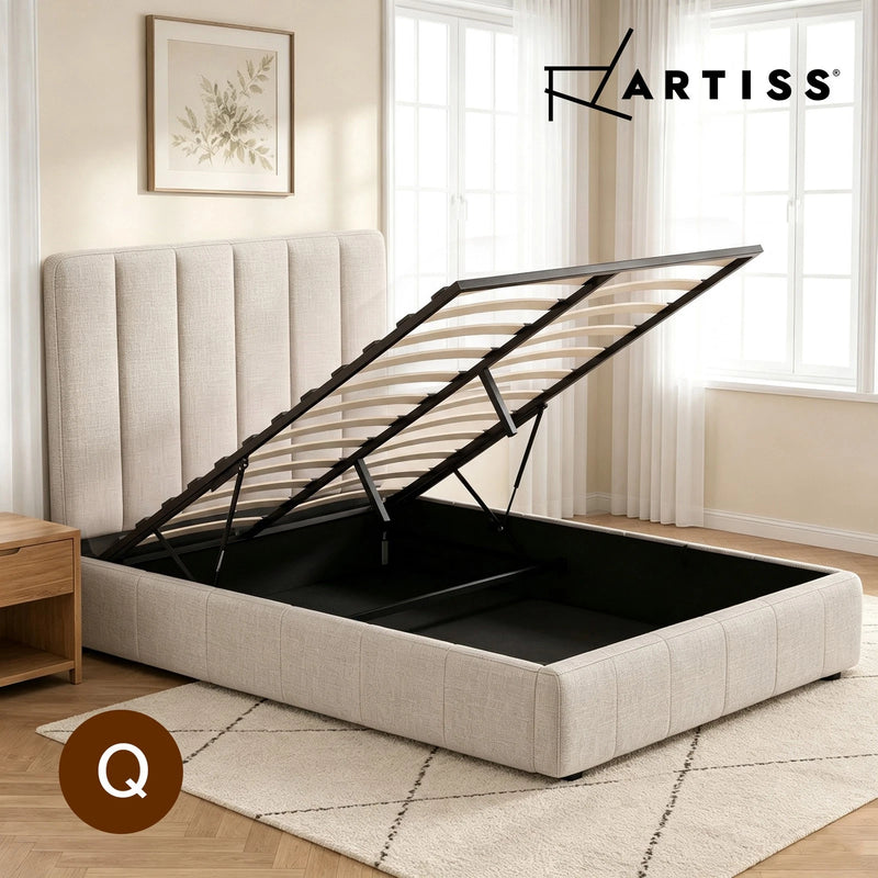 Artiss QUEEN Bed Frame Beige TETTE Upholstered Linen Gas Lift Storage