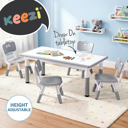 Keezi Kids Table and 4 Chairs Set Height Adjustable Toddler Drawing Desk Grey