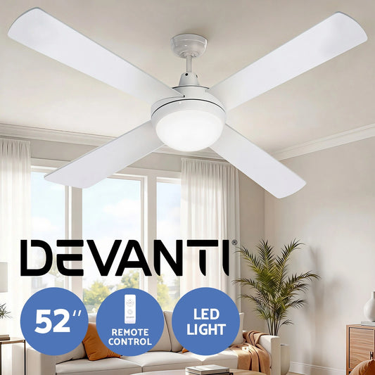 Devanti 52'' Ceiling Fan DC Motor 4 Blades LED Light Remote Control Timer White