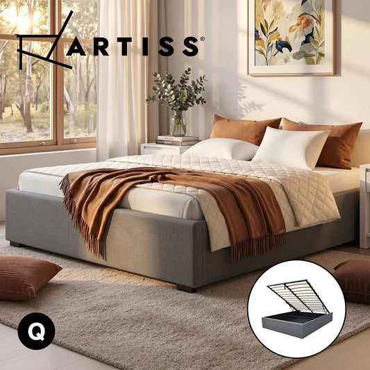 Artiss Bed Frame QUEEN Size Gas Lift Storage Mattress Base Wooden Grey TOKI