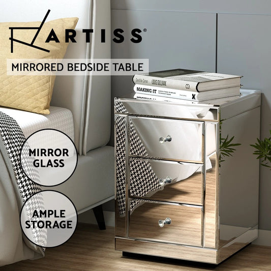 Artiss Mirrored Bedside Table 3 Drawers Side End Table Storage Nightstand Silver