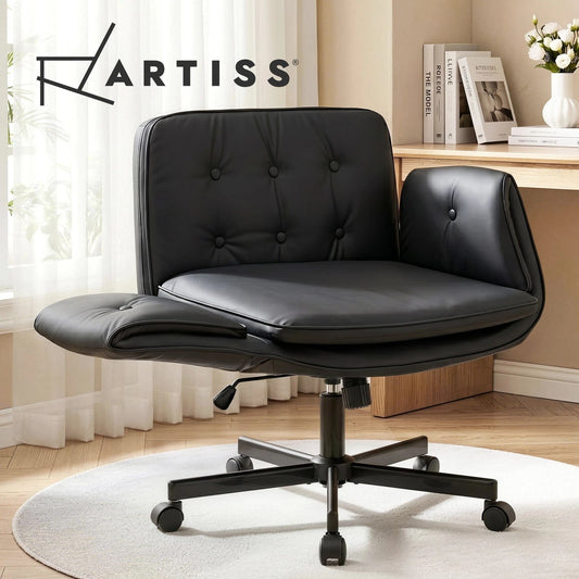 Artiss Criss Cross Legged Office Chair PU with Wheels & Adjustable Armrest Black