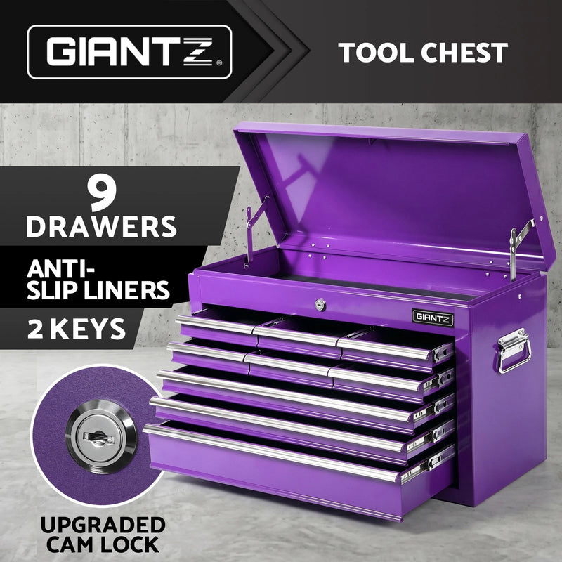 Giantz 9 Drawer Tool Box Chest Cabinet Garage Storage Organiser Steel Purple