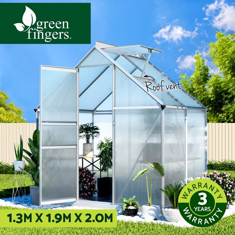 Green Fingers Greenhouse Aluminium Green Hose Garden Storage Shed 1.3x1.9x2.0M