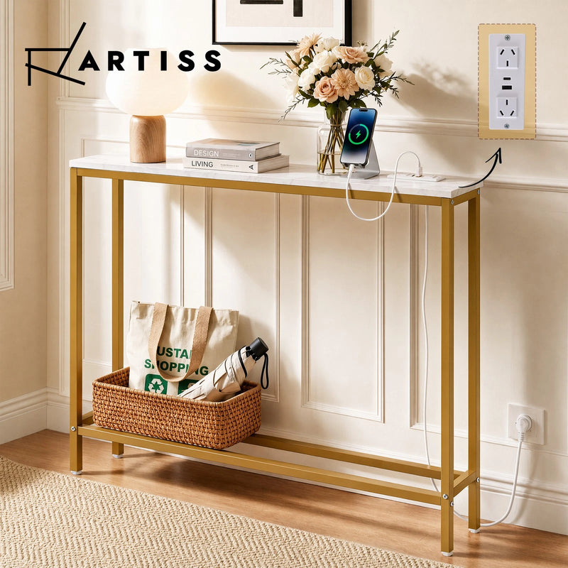 Artiss Console Table Entryway Hallway Charging Station Marble Finish White&Gold