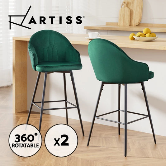Artiss 2x Bar Stools Kitchen Swivel Stool Dining Chairs Velvet Metal Green