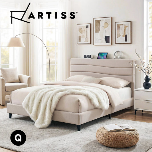 Artiss QUEEN Bed Frame Adjustable Headboard Storage Charging Ports Beige