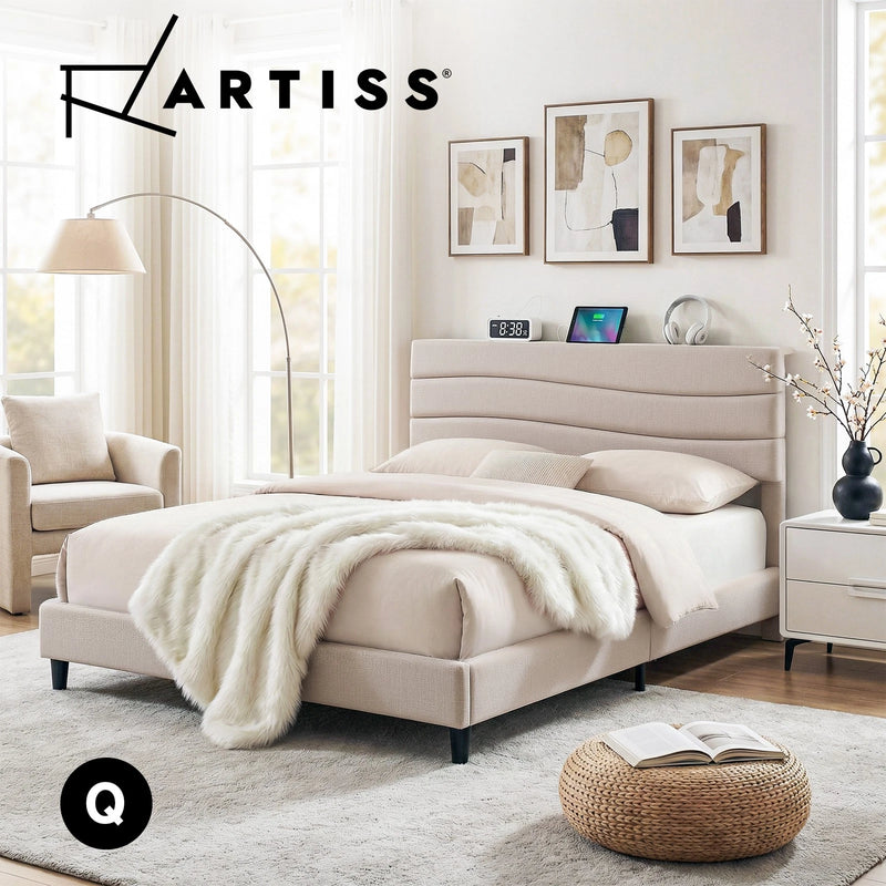 Artiss QUEEN Bed Frame Adjustable Headboard Storage Charging Ports Beige