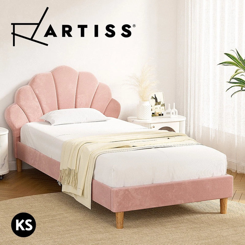 Artiss Bed Frame KING SINGLE Scallop-Shape Bedhead Beds Base Pink Velvet Fabric
