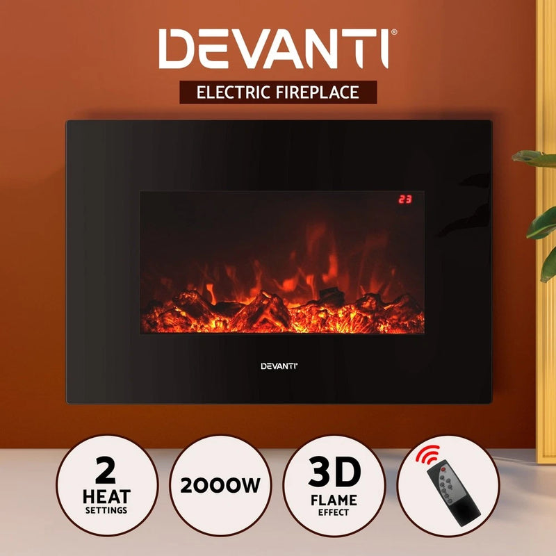 Devanti Electric Fireplace Fire Heater Wall Mounted 3D Flame Indoor 2000W Effect
