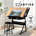 Artiss Drawing Desk Stool Set Drafting Table Adjustable Angle Tilt Drawers Black