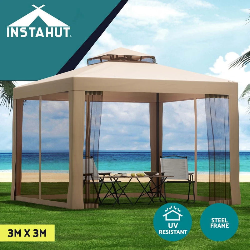 Instahut Gazebo Marquee 3m Outdoor Party Tent Camping Canopy Mesh Wall Brown