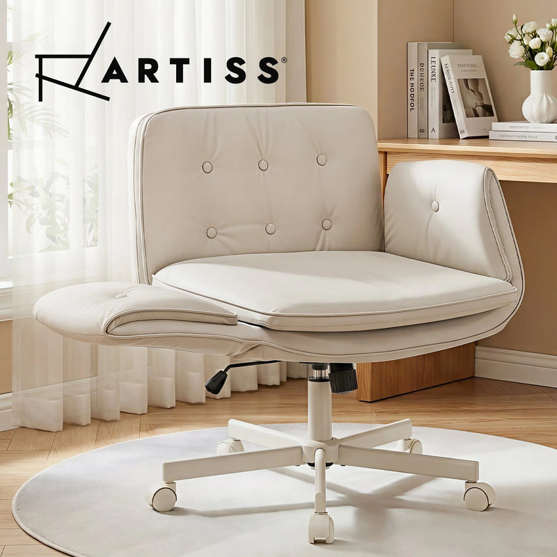 Artiss Criss Cross Legged Office Chair PU with Wheels Adjustable Armrests Beige