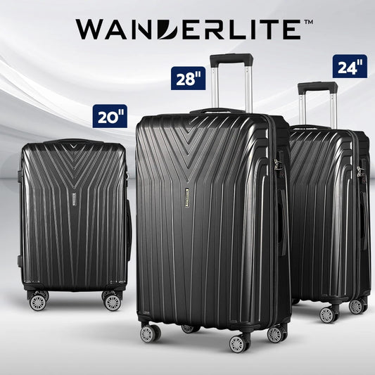 Wanderlite 3pc Luggage Trolley Set Suitcase Travel TSA Hard Case Carry On Black