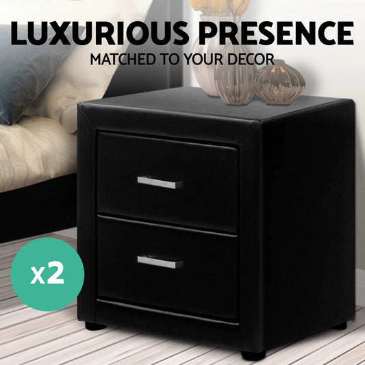 Artiss 2XBedside Table Drawers Side Table Storage Nightstand Leather Black CADEN