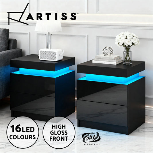 Artiss 2X Bedside Tables Drawer Side Table RGB LED Gloss Nightstand Black COLEY