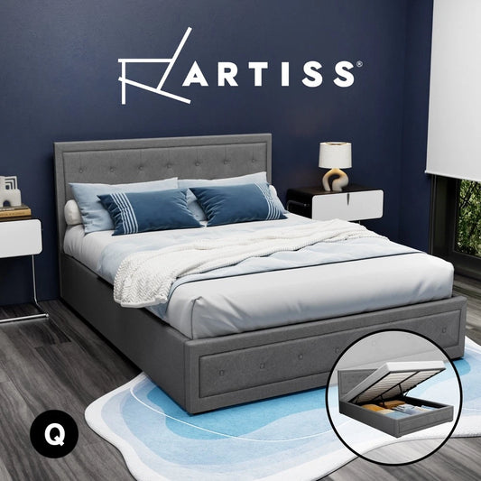 Artiss Bed Frame QUEEN Size Gas Lift Storage Mattress Base Wooden Grey TIYO