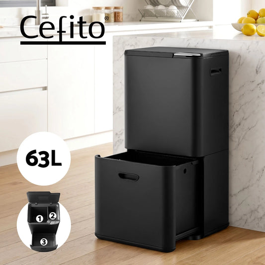 Cefito 63L Rubbish Bin 3 Compartment Carbon Steel Split Door Trash Can Black