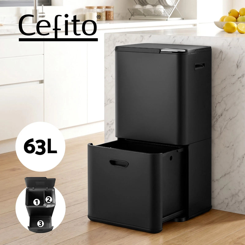Cefito 63L Rubbish Bin 3 Compartment Carbon Steel Split Door Trash Can Black