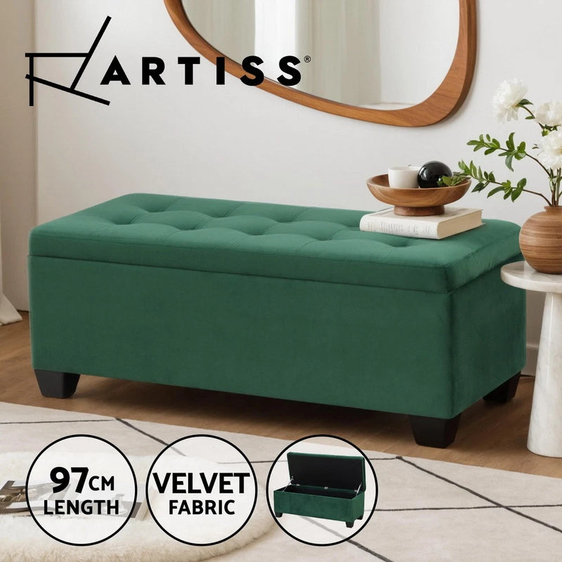 Artiss Storage Ottoman Blanket Box Bench 97cm Velvet Chest Foot Stool Green
