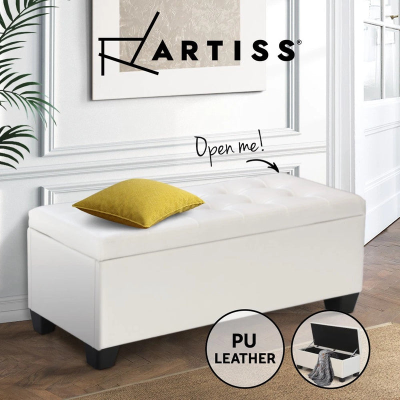 Artiss Storage Ottoman Blanket Box Bench 97cm Leather Chest Foot Stool White