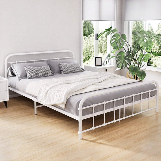 Artiss Bed Frame Queen Size Metal Base Mattress Platform Foundation White LEO