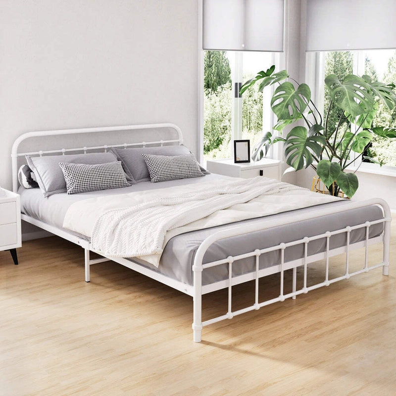 Artiss Bed Frame Queen Size Metal Base Mattress Platform Foundation White LEO