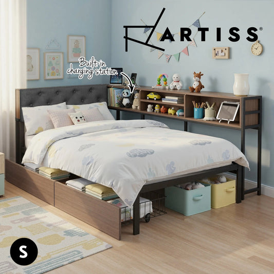 Artiss Bed Frame SINGLE Size with 2 Drawers Charging Station Metal Corner Bed